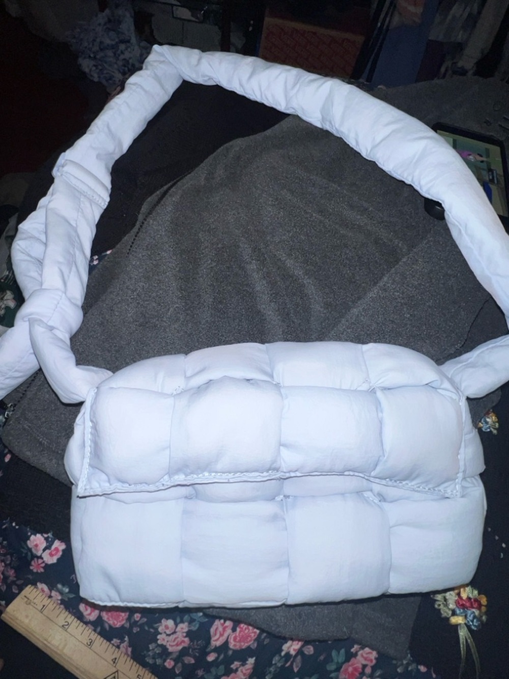 Athleta Woven Square Puff Crossbody bag in color Gossamer